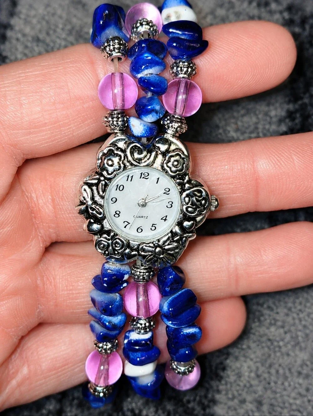 Vintage Boho Beaded Bracelet Watch Blue Stone Pink Glass Silver Floral Quartz CC